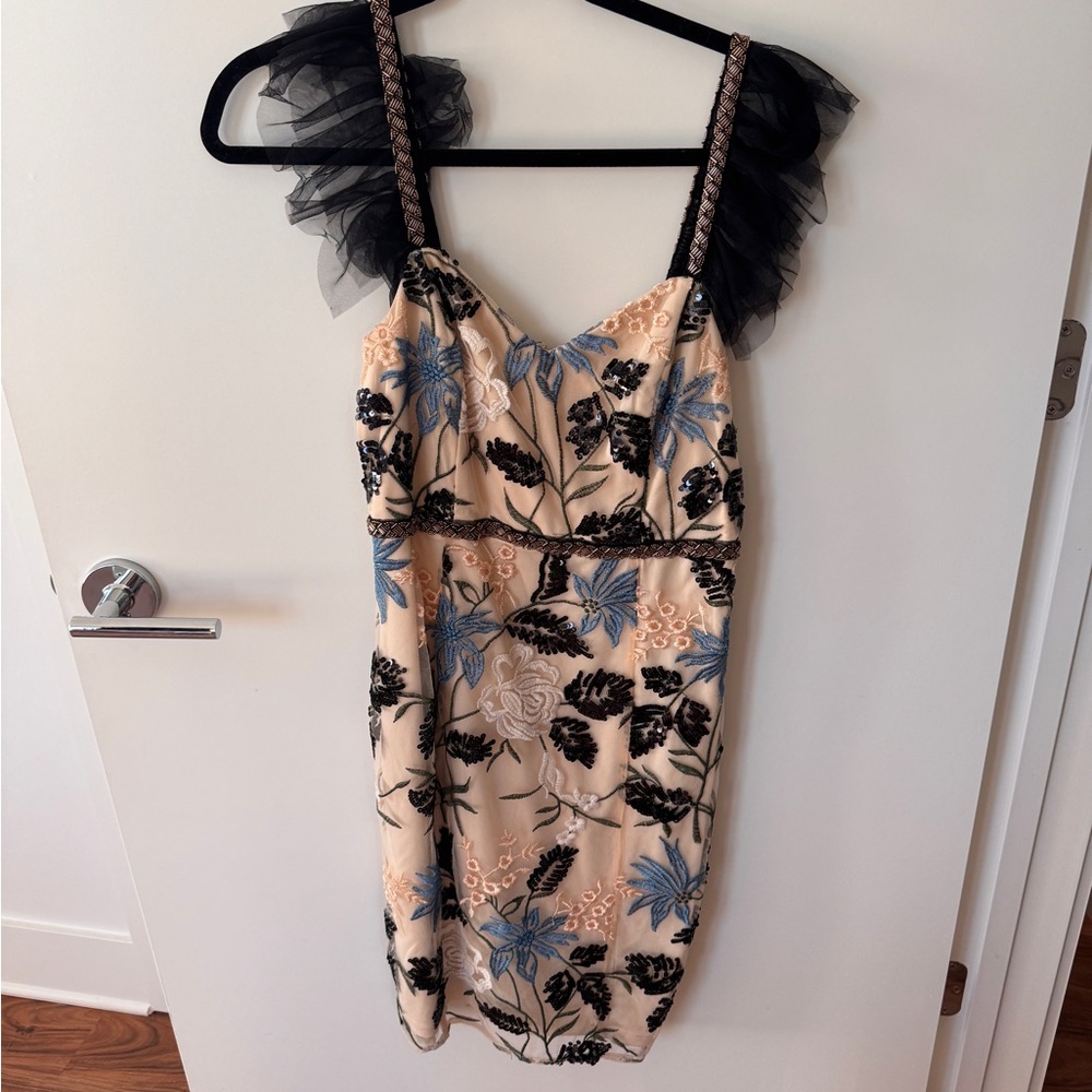 Lulu's Cream Dress with Blue and Black Floral Embroidery